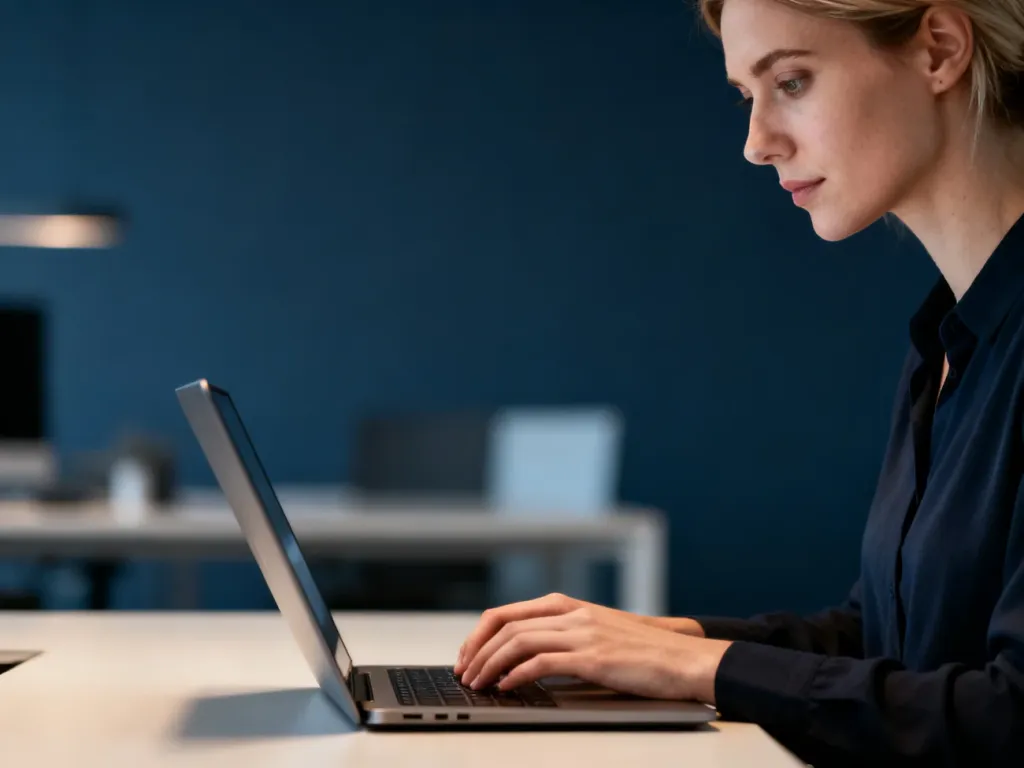 Kobieta pracująca przy laptopie w nowoczesnym biurze, skupiona na zadaniach zawodowych.