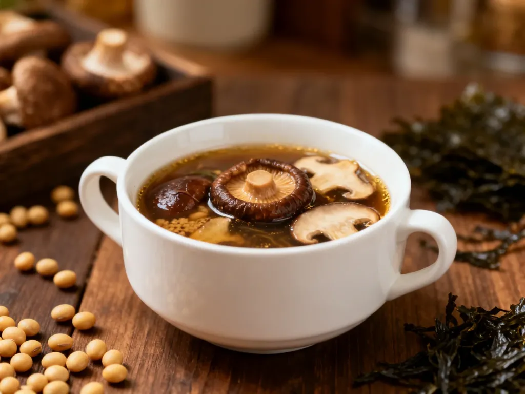 Misa z zupą miso i grzybami shiitake, podkreślająca głęboki smak umami. W tle widoczne ziarna soi i suszone wodorosty.