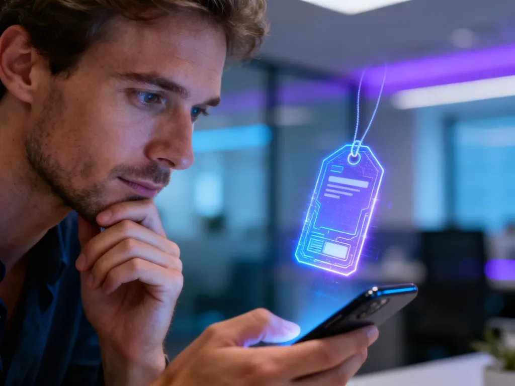 Mężczyzna z zainteresowaniem patrzy na cyfrowy hologram tagu unoszący się nad ekranem smartfona w nowoczesnym biurze.