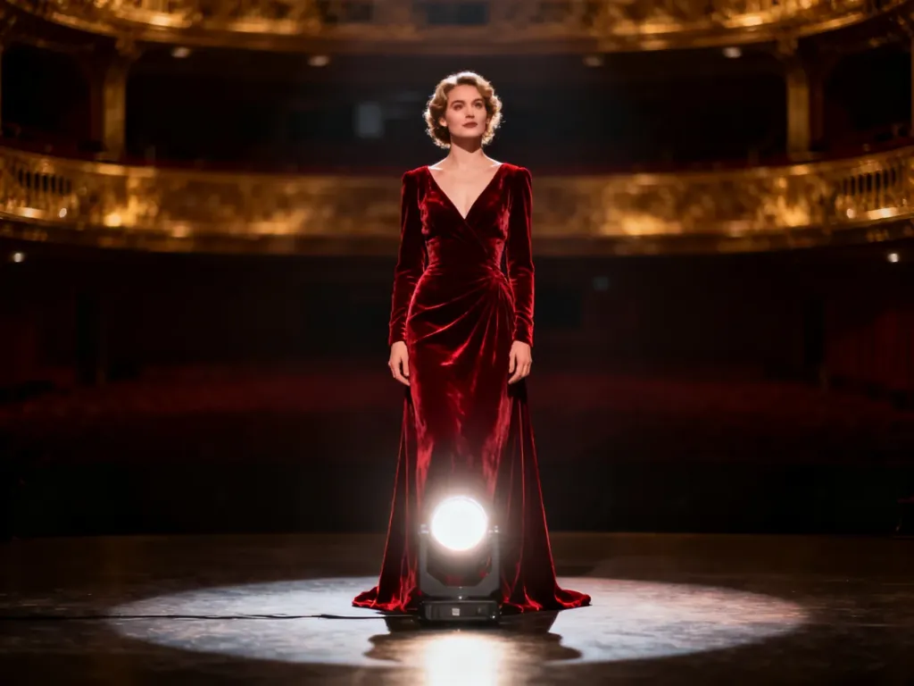 Elegancka kobieta w aksamitnej sukni na scenie operowej, oświetlona reflektorem, uosabiająca klasyczny wizerunek diwy.