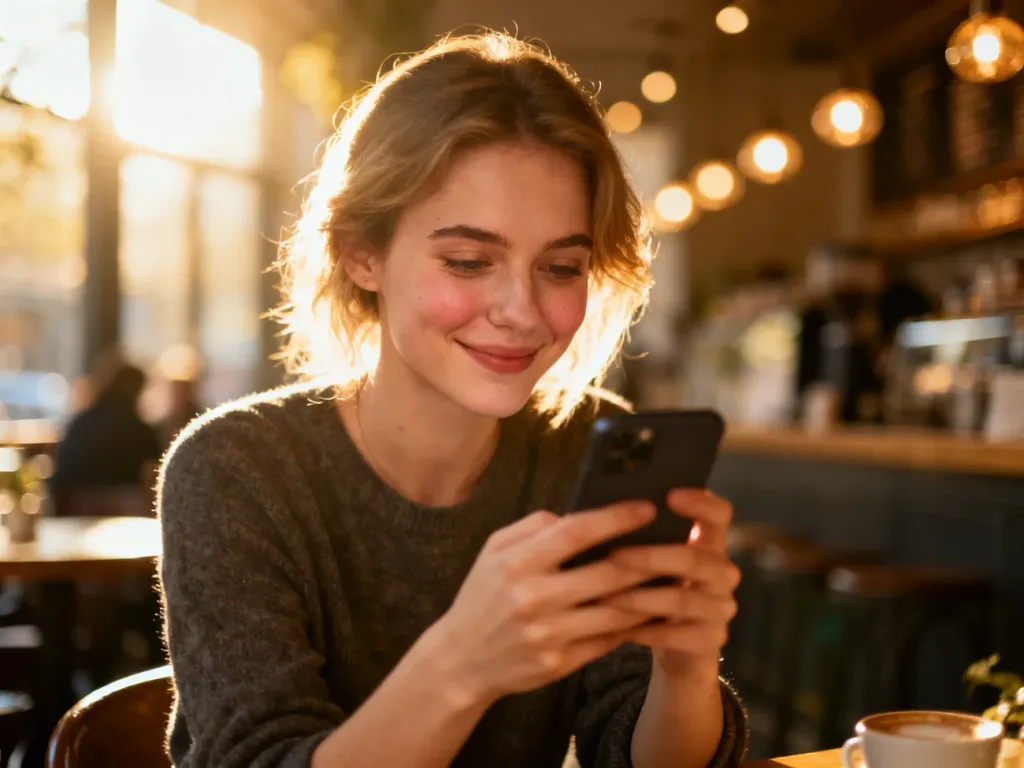 Młoda kobieta z uśmiechem przegląda telefon w kawiarni, co symbolizuje zauroczenie i emocje towarzyszące posiadaniu crusha.