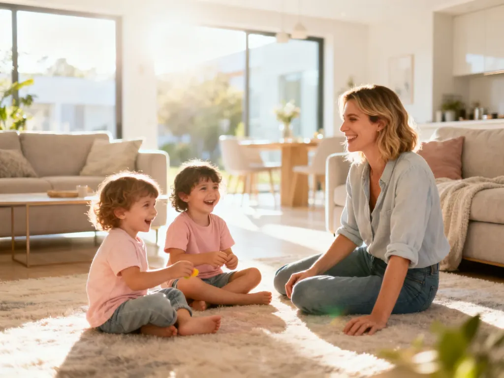 Au pair bawiąca się z dziećmi w przytulnym salonie, ukazująca relację opieki i wsparcia w codziennym życiu rodziny.
