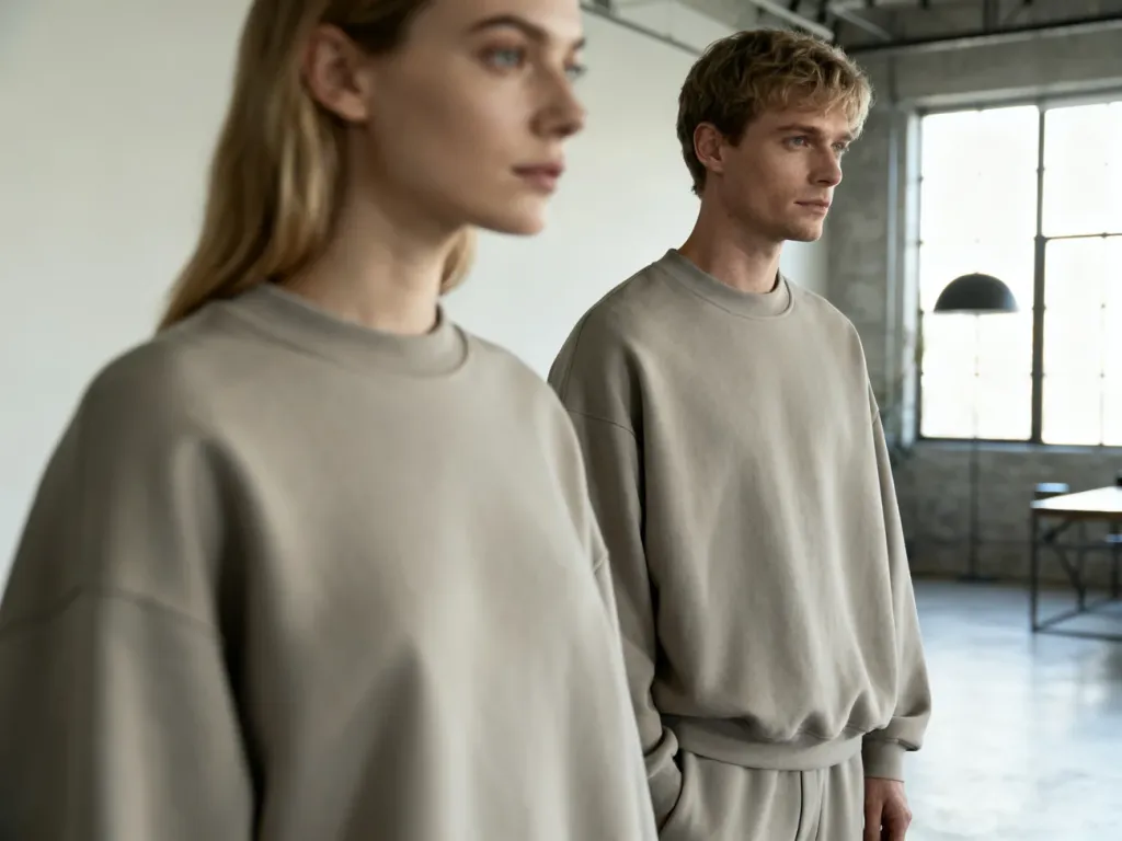 Mężczyzna i kobieta w identycznych, minimalistycznych ubraniach typu unisex w neutralnych odcieniach.