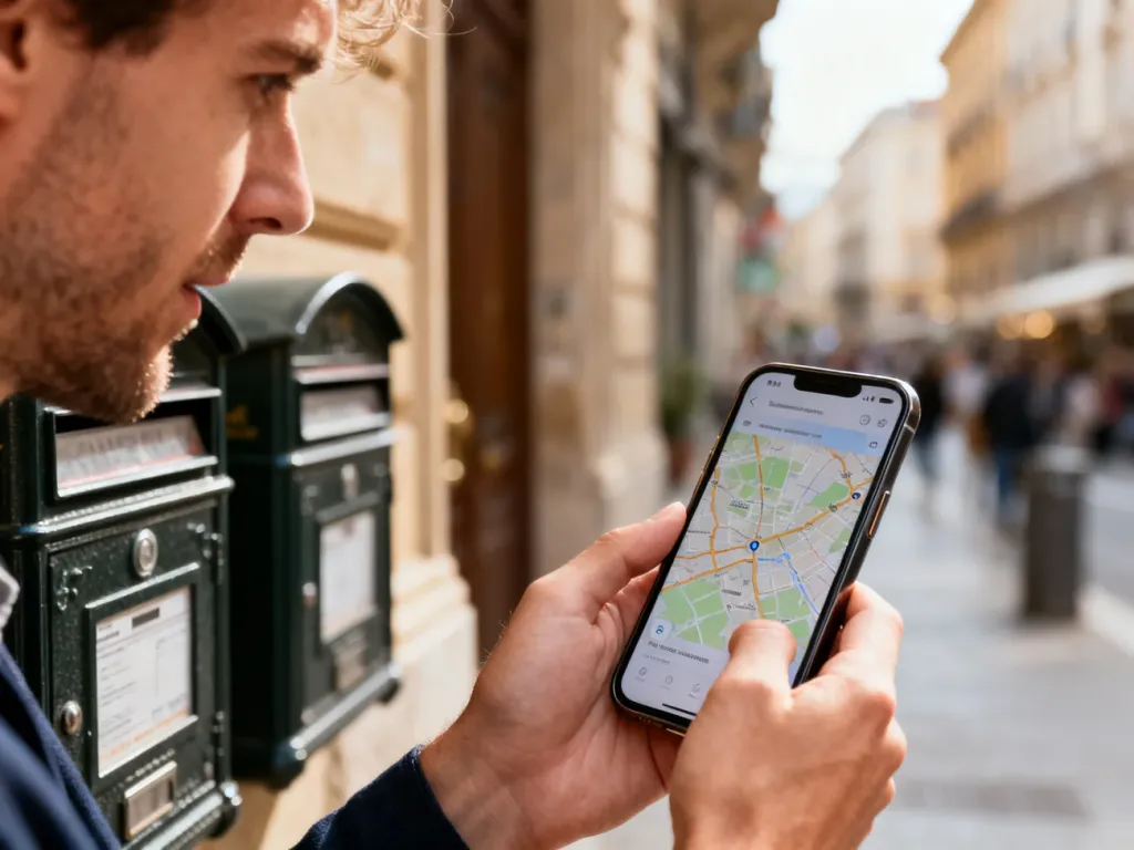 Mężczyzna trzymający smartfon z cyfrową mapą na tle miejskiej ulicy, symbolizujący korzystanie z kodów pocztowych.