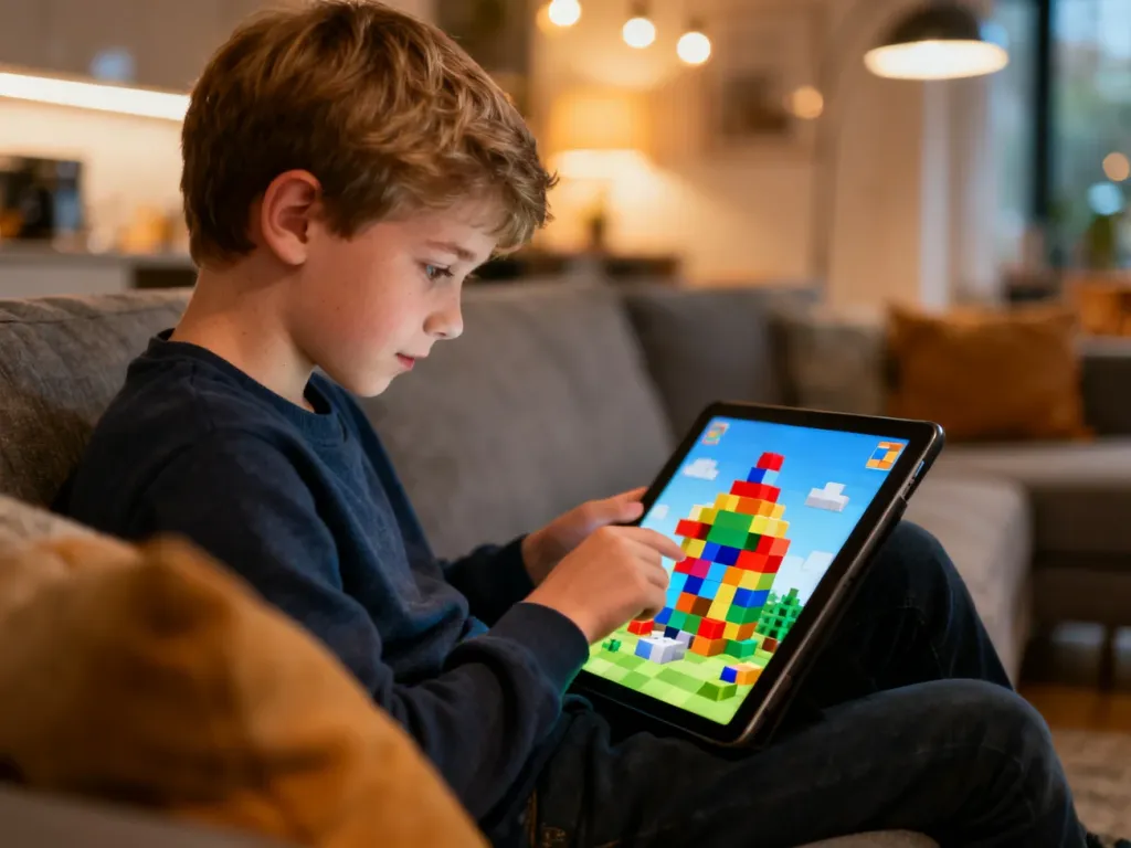 Chłopiec siedzący na kanapie i skupiony na grze w Roblox na tablecie w przytulnym salonie.