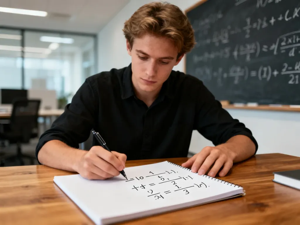 Osoba przy biurku rozwiązująca skomplikowane działania matematyczne z ułamkami na notatniku.