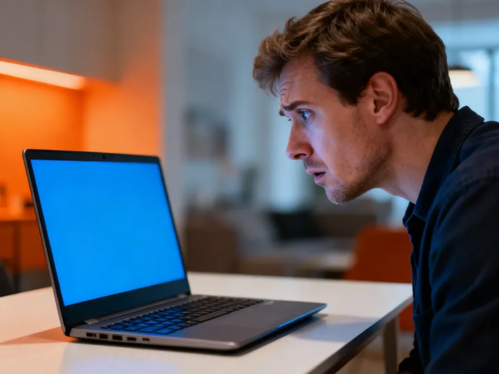 Mężczyzna zdezorientowany treścią na ekranie laptopa w nowoczesnym biurze domowym.